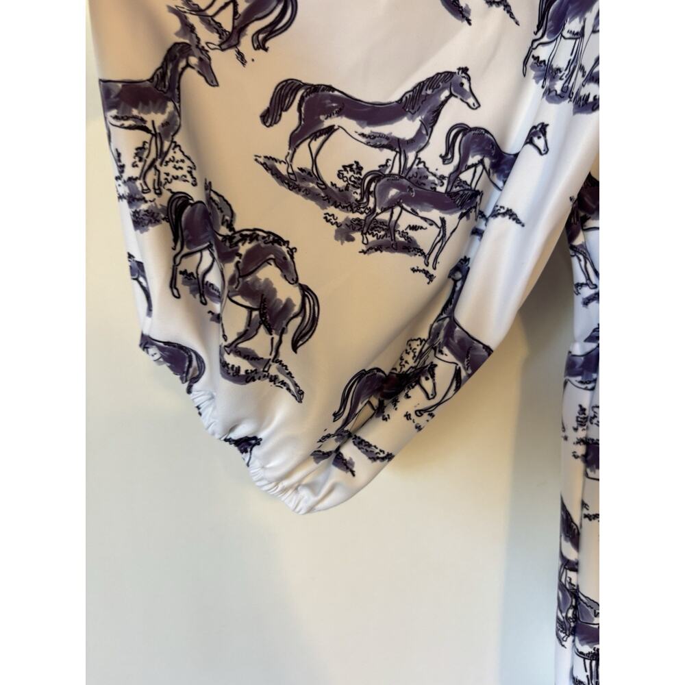 Smith & Quinn Dress Medium Mini Aline Puff Sleeve Horse
Print White Blue Stretch - Picture 10 of 12